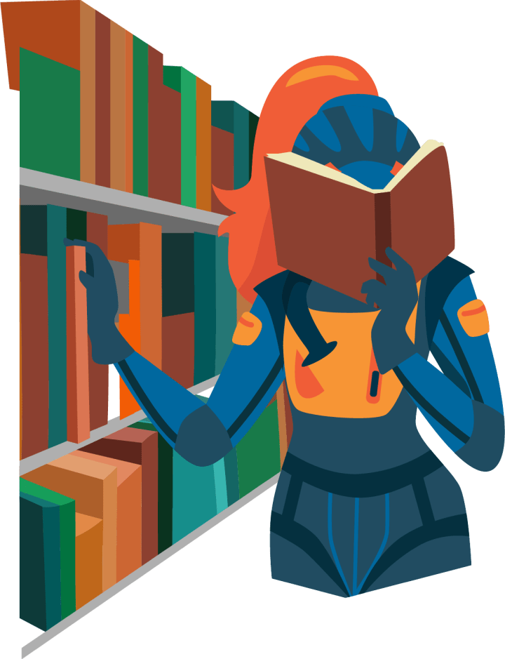 Ascent's haley reading a book from a bookcase
