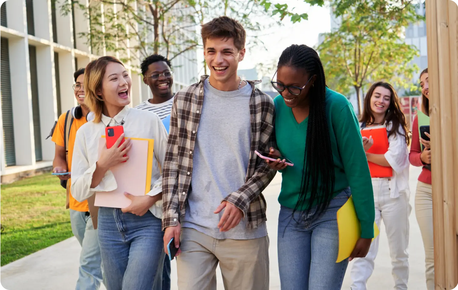 college students laughing and talking outside