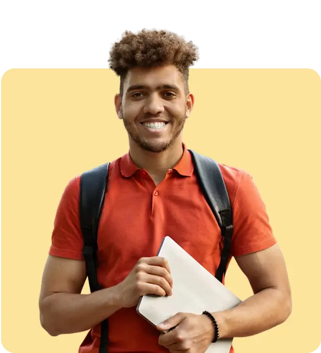 Happy male graduate student holding a digital tablet with a backpack on