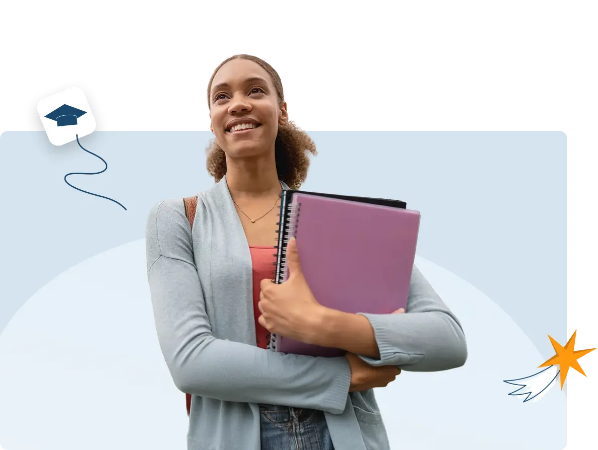 smiling female college student with bag and notebook