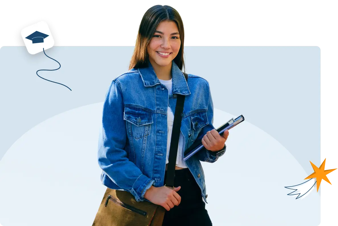 Smiling young female university student in a denim jacket holding notebooks with a shoulder bag and graduation icon in the background