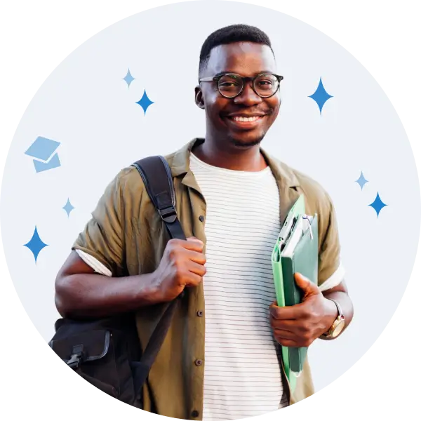 A smiling man wearing glasses stands in front of a light blue background with sparkles. He is holding a green folder in one hand and a black backpack over his shoulder. He is dressed in a striped shirt and an olive green jacket.