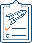 rocket ship and a checkmark on a sports board