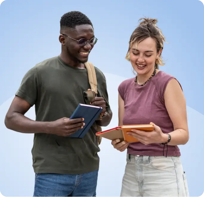 Students sharing notes on campus - desktop