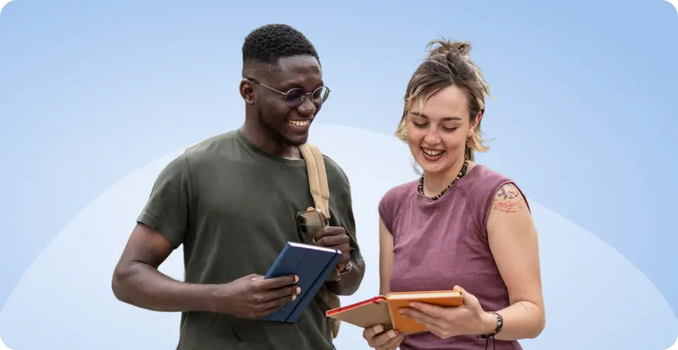 Students sharing notes on campus - mobile