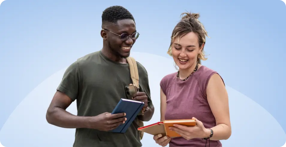 Students sharing notes on campus - mobile